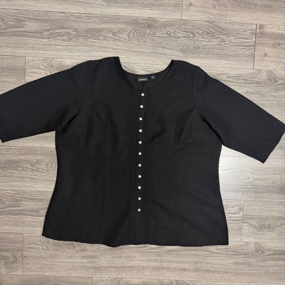 Avenue Black Linen Blend Pintuck Button Front Blouse Plus Size 26/28 Top Luxury